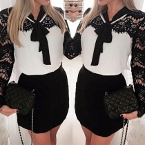Sexy Hollow Out Lace Spliced Long Sleeve Contrast Color Dress