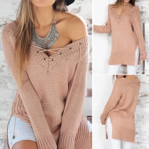 Sexy Lace-up Deep V-neck Slit Hem Long Sleeve Sweater