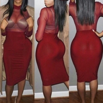 Sexy See-through Gauze Spliced Turtleneck Rompers + High Waist Bust Skirt Set
