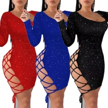 Sexy Hollow Out Lace-up Long Sleeve Round Neck Sheath Dress