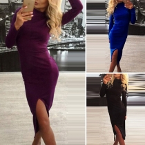 Fashion Solid Color Long Sleeve Round Neck Slim Hem Slim Fit Dress