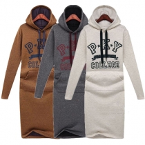 Fashion Long Sleeve Hooded Letters Printed Sweatshirt Dress