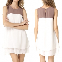 Fashion Contrast Color Sleeveless Round Neck Chiffon Dress