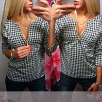 Fashion 3/4 Sleeve Zipper V-neck Houndstooth Tops