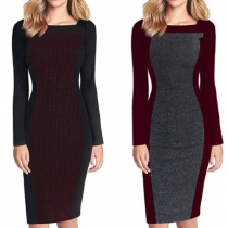 Fashion Contrast Color Long Sleeve Square Collar Slim Fit Dress