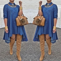 Fashion Long Sleeve POLO Collar Irregular Hem Denim Dress