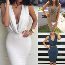 Sexy Deep V-neck Sleeveless Solid Color Sheath Dress