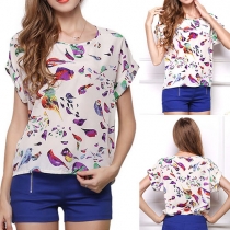 Fashion Birds Printed Short Sleeve Round Neck Chiffon Tops 
