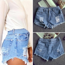 Fashion Distrssed Mid-Rise Denim Shorts