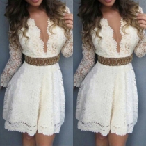 Sexy Lace Deep V-Neck High-Waist Long Sleeves Dress( No belt)