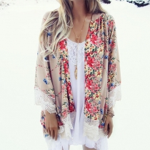 Fashion Crochet-Hem Floral Print Chiffon Loosen Cardigan