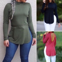 Sexy Cutout-Back High-Low Hem Solid Color Long Sleeves Top