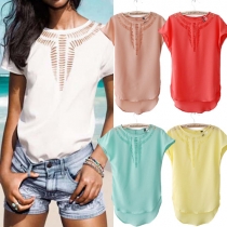Fashion Hollow Neckline Dolphin-Hem Dolman Short Sleeves Solid Color Top