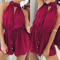 Fashion Halter Cutout Crinkled Drawstring Jumpsuit