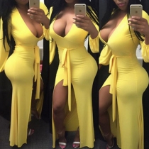 Sexy Self-Tie V-Neck Slit-Front Long-Sleeved Solid Color Maxi Dress