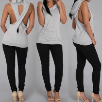 Sexy Crisscross-Back Kangaroo Pocket Sleeveless Solid Color Hoodie