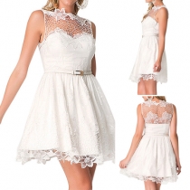 Fashion Lace-Paneled Flare Sleeveless Mini Dress