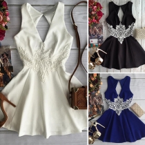 Fashion Lace Cutout V-Neck Flare Sleeveless Solid Color Dress