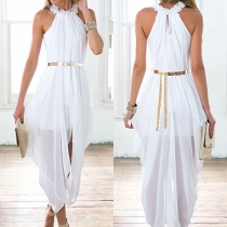 Fashion Crinkled Turtle-Neck High-Low Hem Sleeveless Solid Color Dress