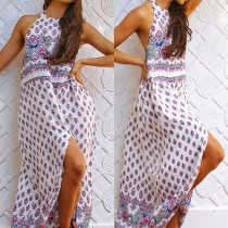 Fashion Printed Halter Front-Slit Racerback Sleeveless Maxi Dress