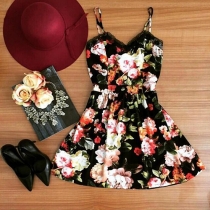 Fashion Floral Print Flare Lace-Spliced V-Neck Cami Dress
