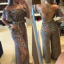 Fashion Floral Printed Open-Shoulder Strappy-Back Side-Slit Jumpsuit