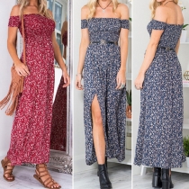 Sexy Off-The-Shoulder M-Slit Floral Print Maxi Dress