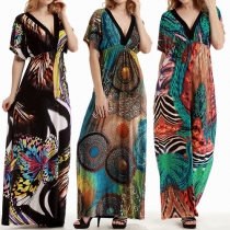 Fashion Printed V-Neck Cap-Sleeved Maxi Dress