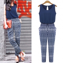 Fashion Spliced Drawstring Crew Neck Sleeveless Jumpsuit