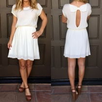 Fashion Bow-Knot Cutout-Back Crew Neck Cap Sleeves Solid Color Mini Dress
