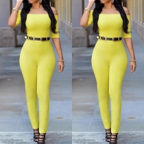 Fashion Off-The-Shoulder Belted Solid Color 1/2-Sleeved Jumpsuit