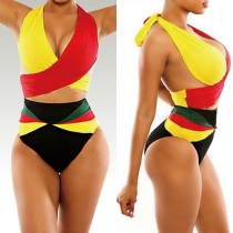 Sexy Color Block Halter Self-Tie High-Rise Bikini Set