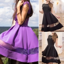 Elegant Solid Color Gauze Spliced Round Neck Midi Dress 