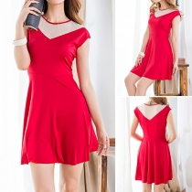 Sweet Gauze Spliced Round Neck Cap Sleeves Dress