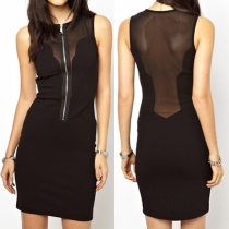 Sexy Zip Front Gauze Spliced Round Neck Backless Sleeveless Dress