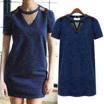 Popular Hollow Out Gauze Spliced Short Sleeve Round Neck Denim Dress
