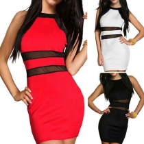 Stylish Gauze Spliced Package Hip Sleeveless Round Neck Dress