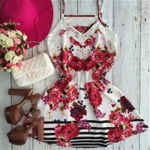 Sweet Printed Lace Spliced V-neck Elastic Waist Sling Dress