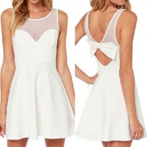 Pure Gauze Spliced Back Hollow Out Bowknot Sleeveless Dress