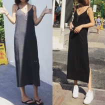 Casual V-neck Solid Color Slit Hem Sling Dress