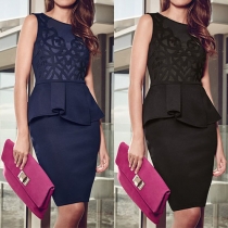 Elegant Printed Gauze Spliced Back Hollow Out Sleeveless Dress