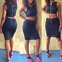 Sexy Zip Sleeveless Bodycon Top Two-piece Dress
