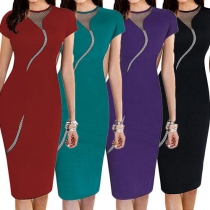Elegant Gauze Spliced Round Neck Short Sleeves Bodycon Dress