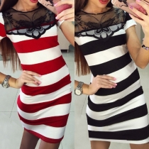 Sexy Round Neck Short Sleeve Butterfly Gauze Spliced Stripes Bodycon Dress