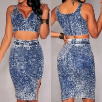 Sexy Deep V-neck Crop Tops + High Waist Bust Skirt Denim Two-piece Set
