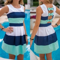 Sexy Bowknot Backless Sleeveless Round Neck Contrast Color Dress