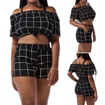 Sexy Off-shoulder Crop Tops + High Waist Shorts Plaid Two-piece Set
