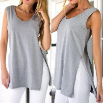 Fashion Solid Color Sleeveless Slit Hem T-shirt