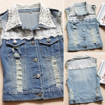 Fashion Lace Spliced POLO Collar Single-breasted Denim Vest