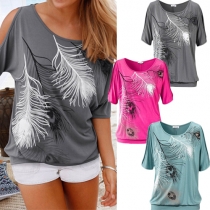 Sexy Off-shoulder Short Sleeve Round Neck Printed T-shirt